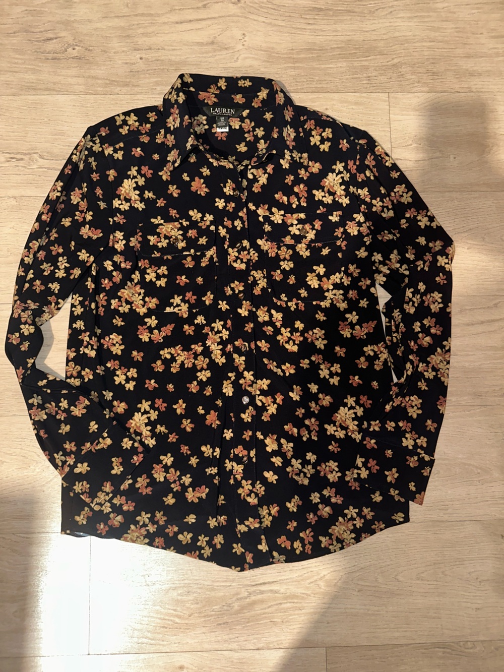 Ralph Lauren Black Button-Down Shirt with Yellow & Rust Floral Print